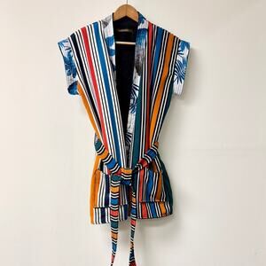 Balkanica Striped Short Sleeve Tie Waist Kimono Top Multi Women's One Size